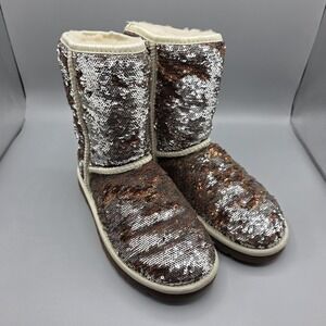 UGG Australia Boots Womens 5 Brown Silver Classic Short Reversible Sequins